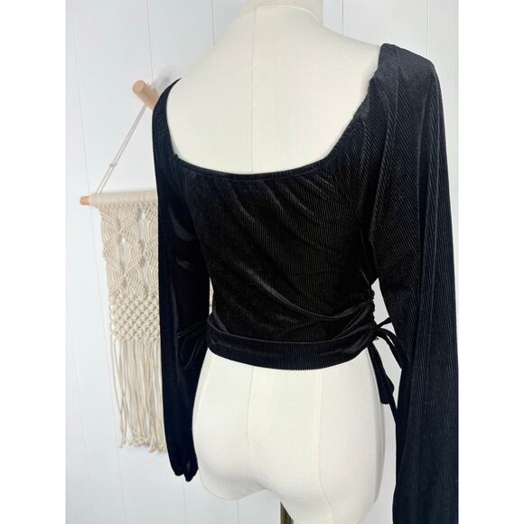 Lavender Moon Black Ribbed Ruched Crop Top Small Long Sleeve Ren Fair Peasant - Picture 6 of 7